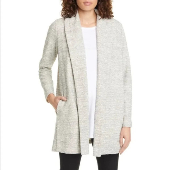 Eileen Fisher Grano Organic Cotton Blend Jacket Open Knit Large Light Gray - Picture 1 of 10